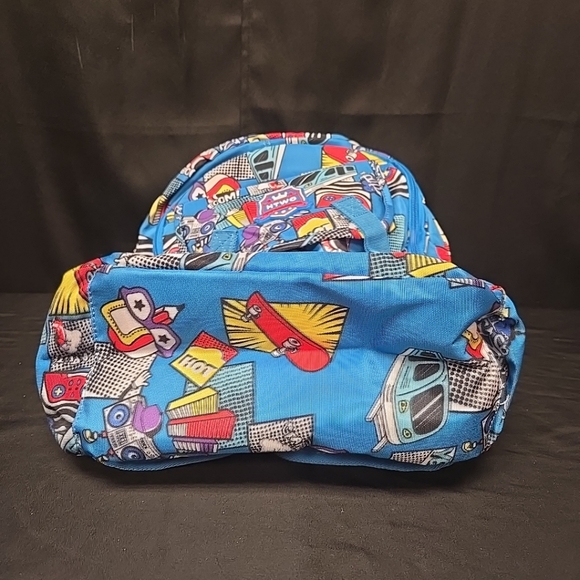 Blue Printed Backpack 10" Wide 15" Tall Double Secure Straps & Pockets - Picture 5 of 16